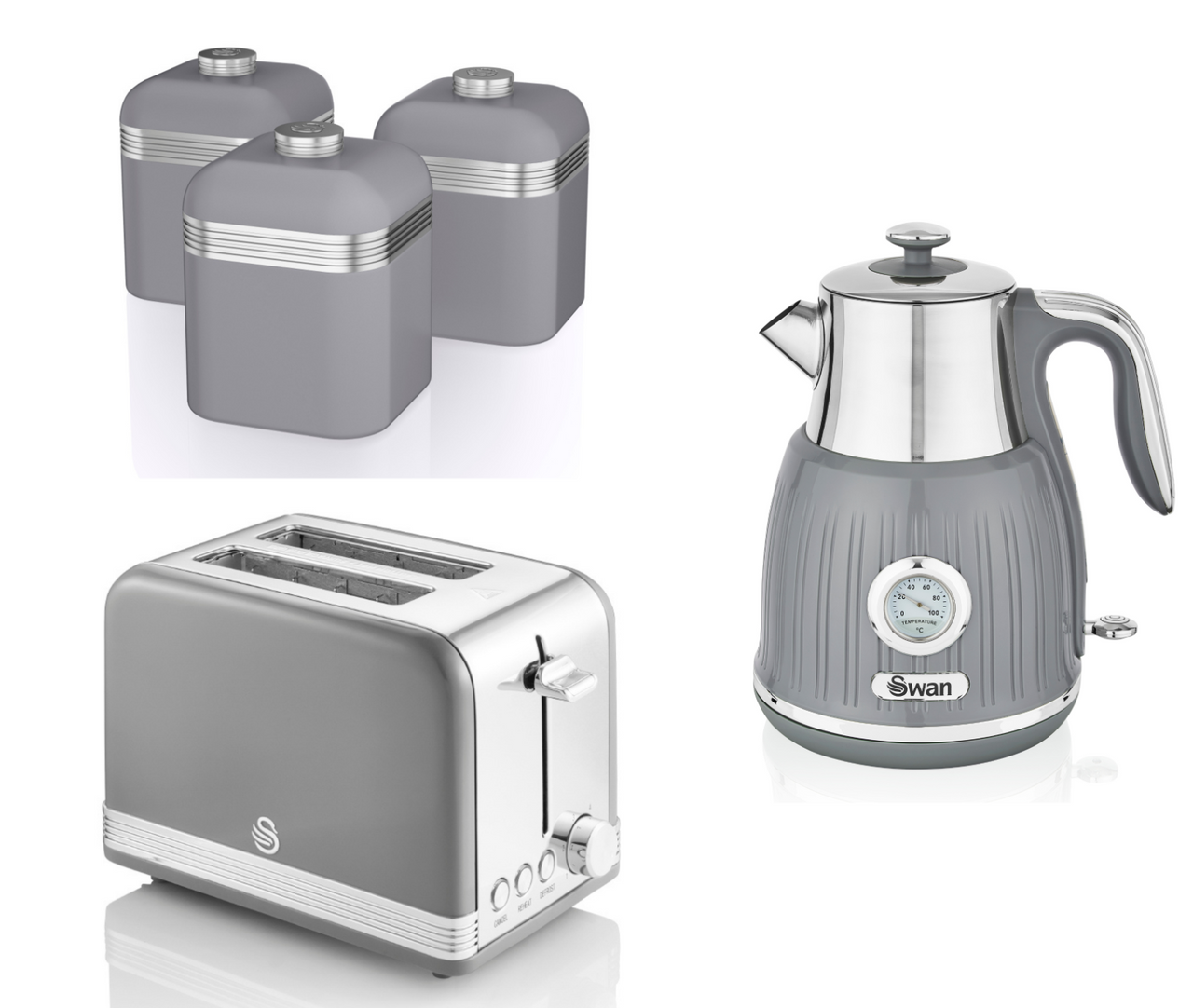 SWAN Retro Grey  1.5L 3KW Temperature Dial Kettle, 2 Slice Toaster & Tea, Coffee Sugar Canisters Matching Set