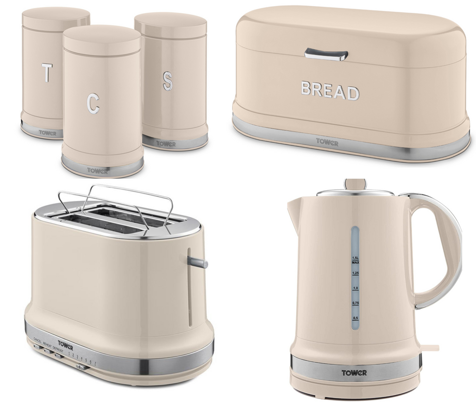 Tower Belle Chantilly Kettle Toaster Breadbin Canisters Set in Cream