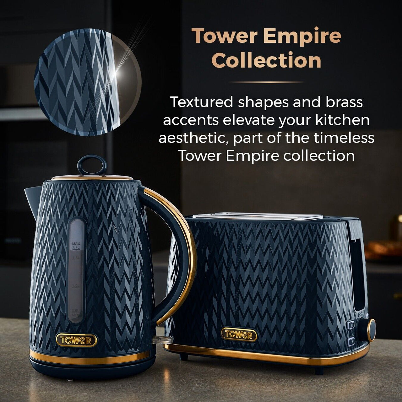 Tower Empire Blue Jug Kettle 2 Slice Toaster Bread Bin Mug Tree & Towel Pole Set