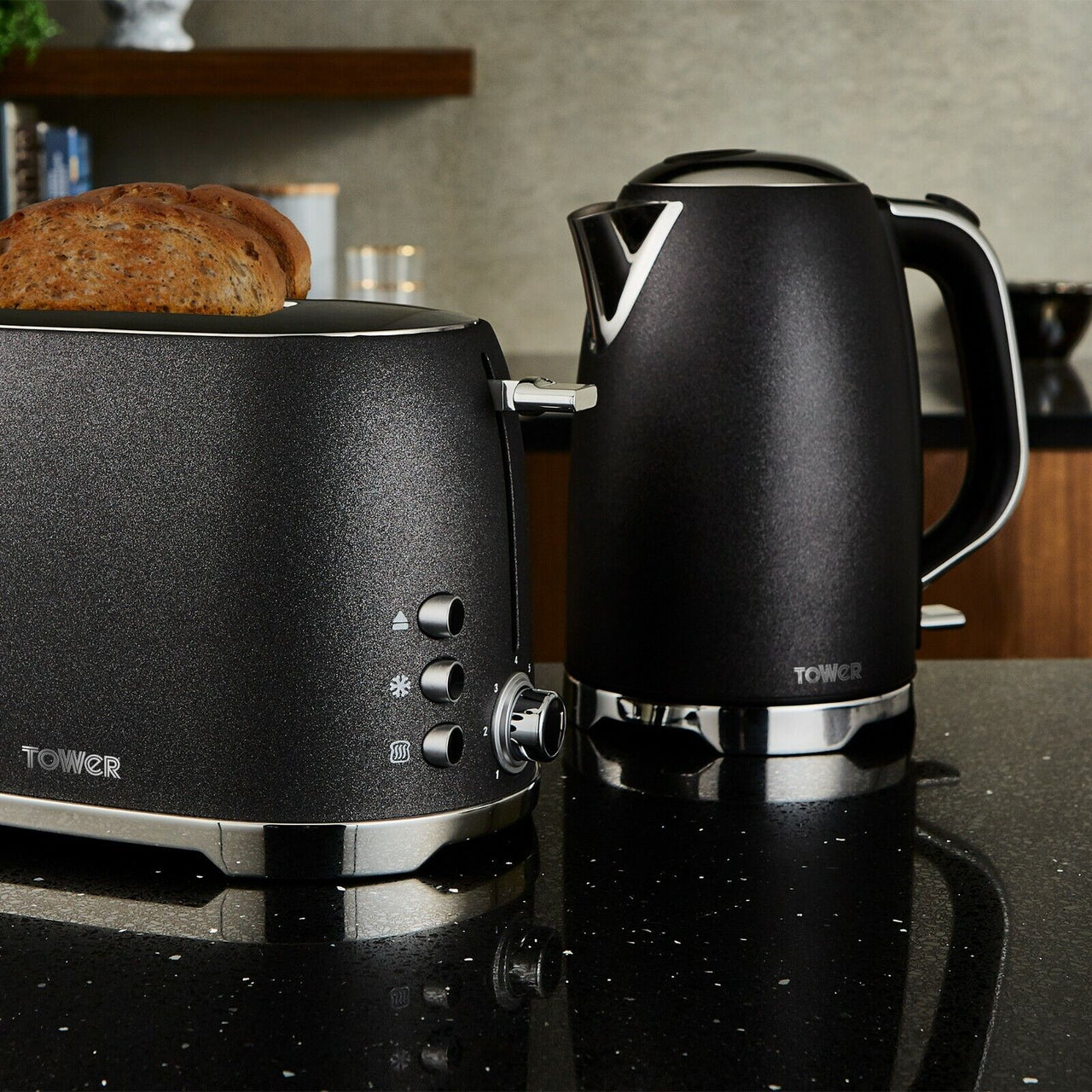 Tower Glitz Kettle 2-Slice Toaster Bread Bin & Canisters Set of 4 Sparkling Black