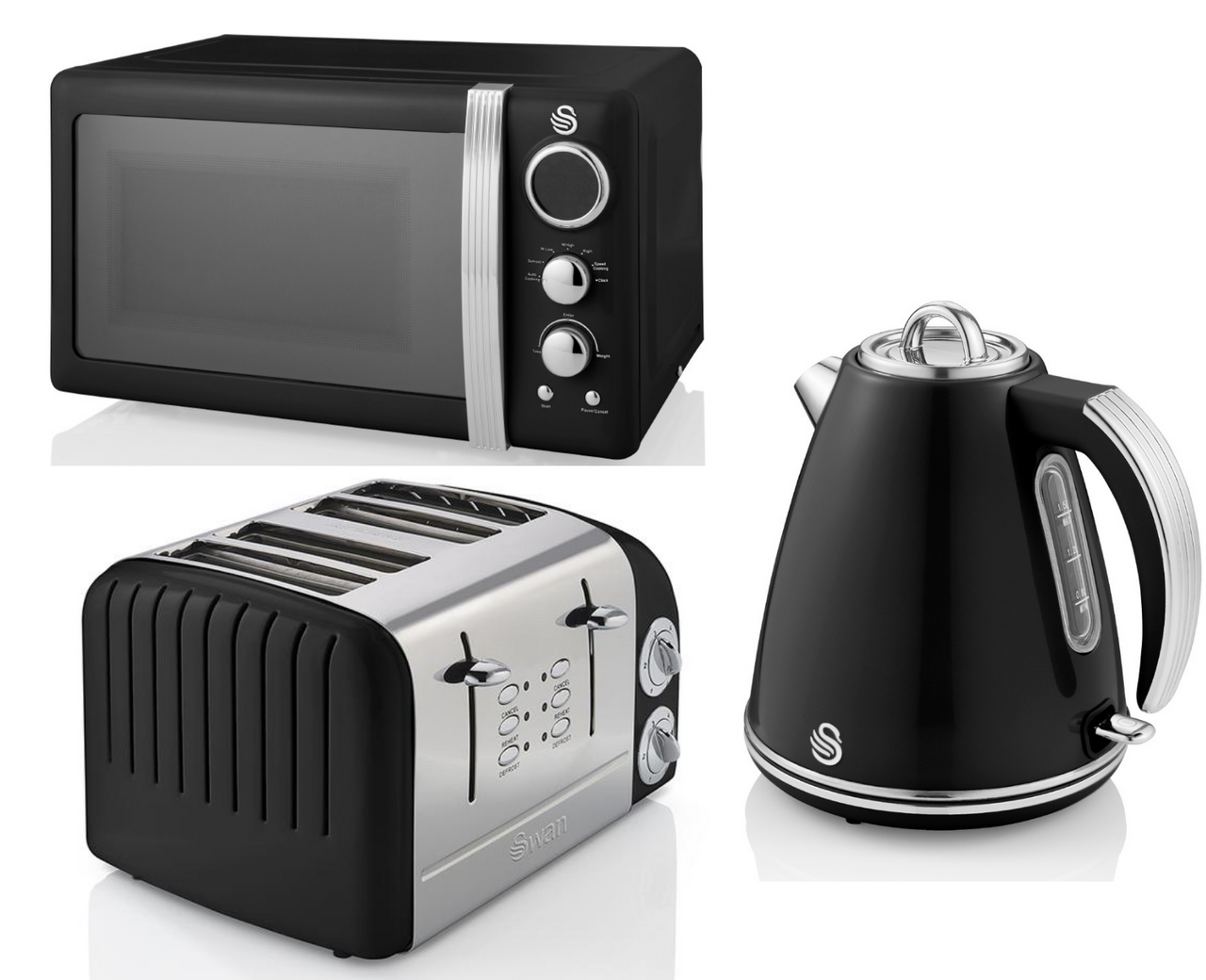 SWAN Retro Black Jug Kettle, 4 Slice Toaster ST34020BN & Digital Microwave Set