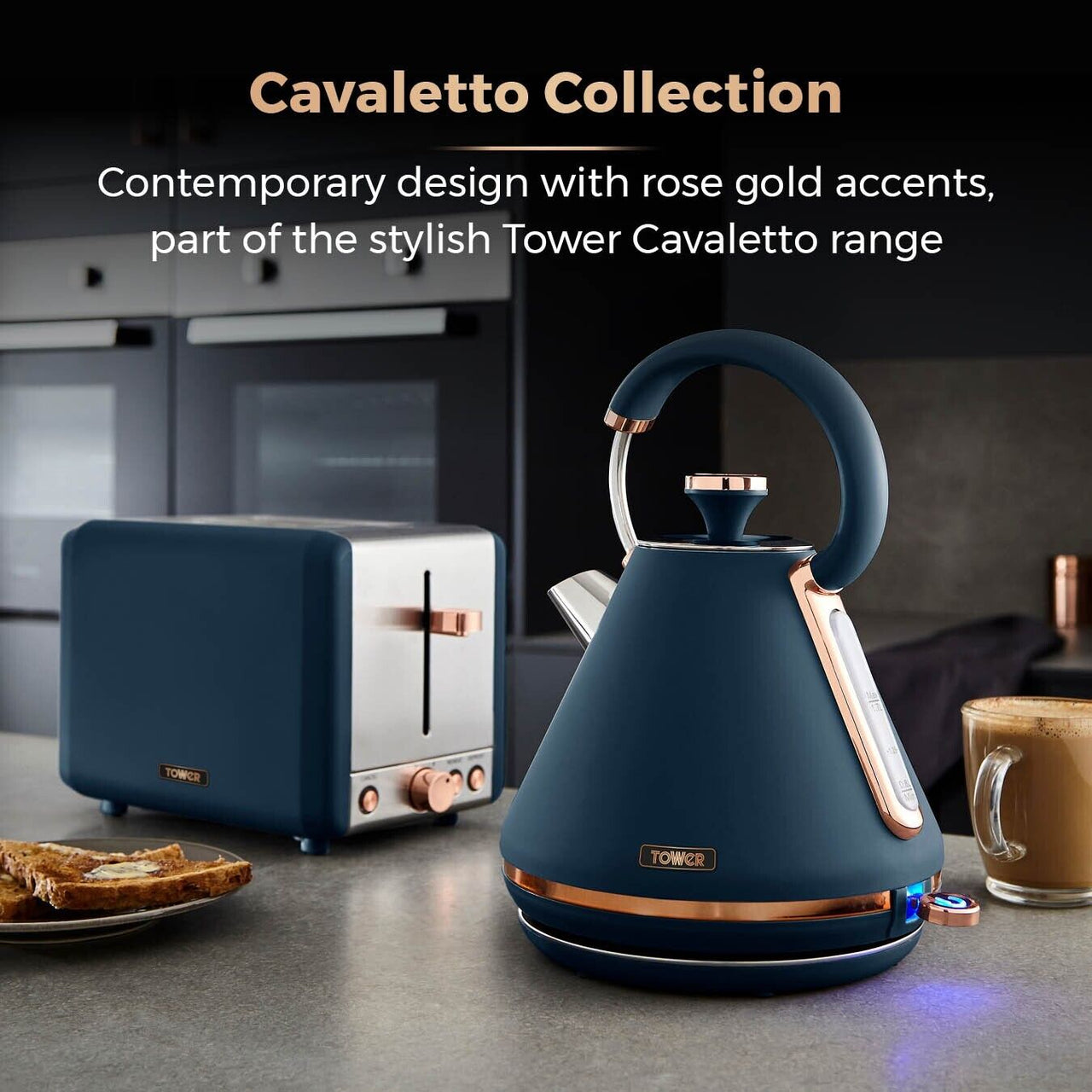 Tower Cavaletto Blue Pyramid Kettle Toaster Bread Bin Mug Tree & Towel Pole Set