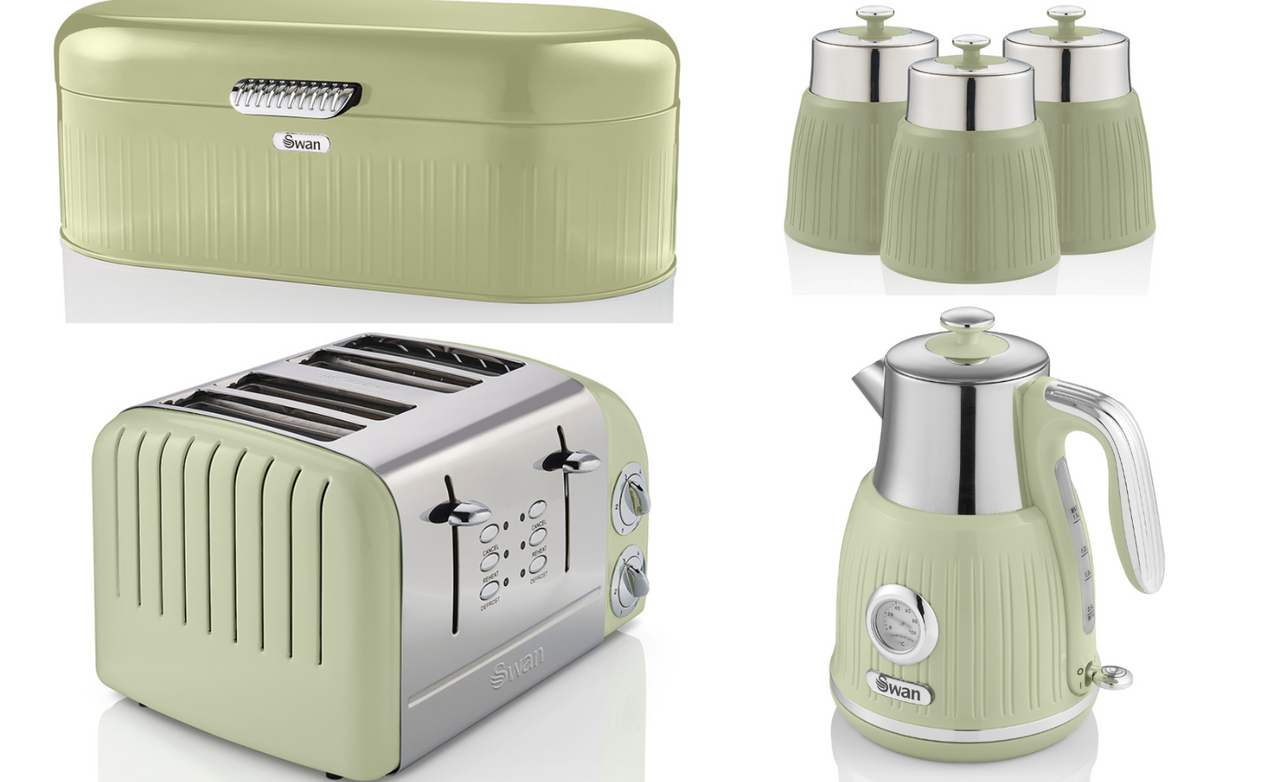 SWAN Retro Green Dial Kettle 4 Slice Toaster ST34020GN Breadbin & Canisters Set