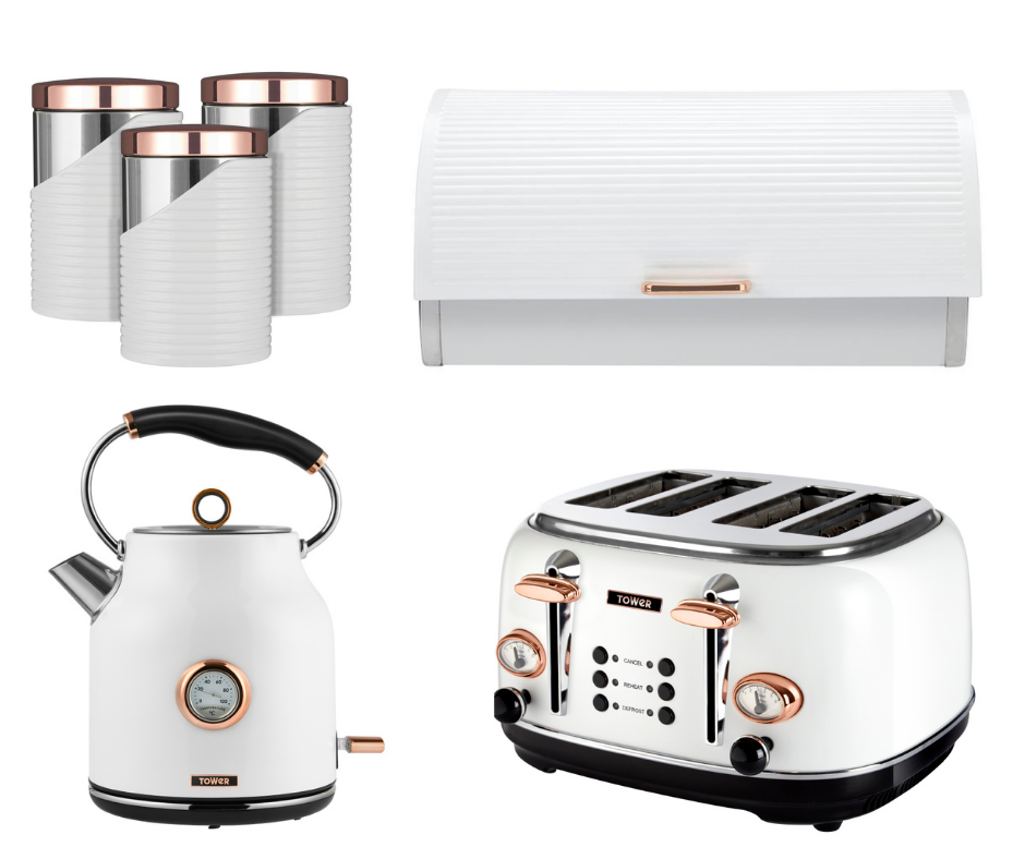 NEW Rose Gold & White Kettle, 4 Slice Toaster, Storage Canisters & Breadbin