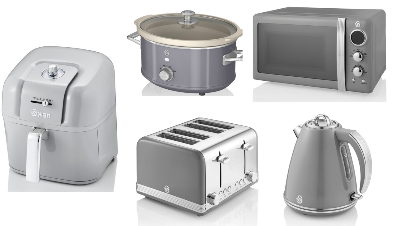 SWAN Retro Grey Jug Kettle, 4 Slice Toaster, 800W Microwave, 6.5L Air Fryer & 3.5L Slow Cooker Matching Kitchen Set