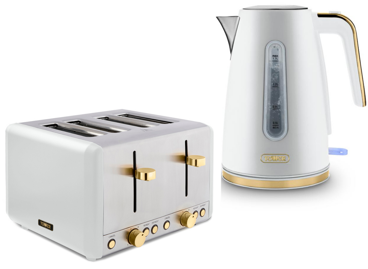 Tower Cavaletto White 1.7L 3KW Jug Kettle & 4 Slice Toaster