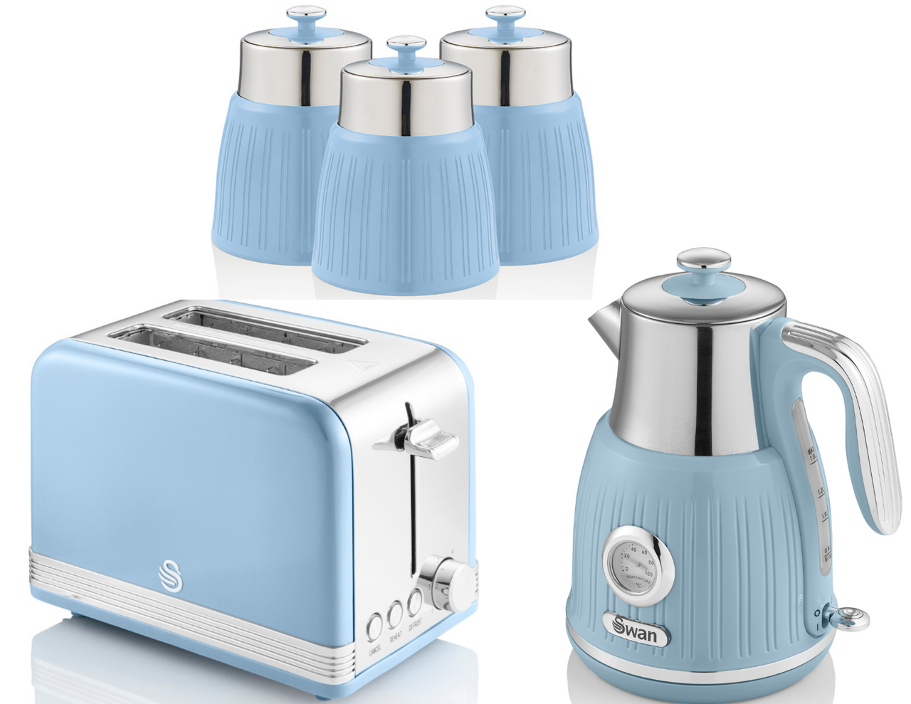 SWAN Retro Blue Dial Kettle 2 Slice Toaster Canisters Matching Kitchen Set of 5