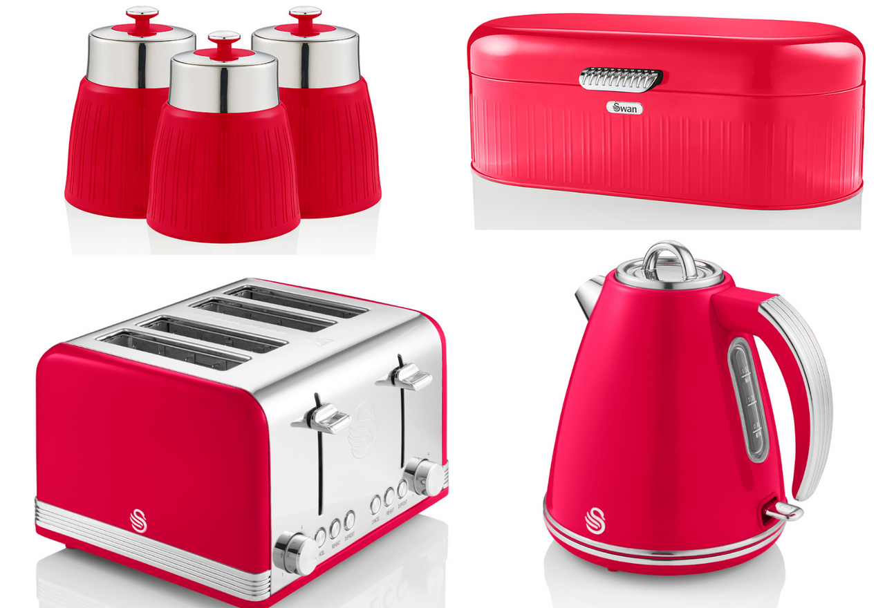 Swan Retro Red Jug Kettle 4 Slice Toaster Breadbin 3 Canisters Kitchen Set of 6