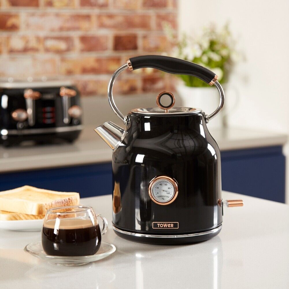 TOWER Bottega Kettle 4 Slice Toaster Microwave & Canisters in Black & Rose Gold