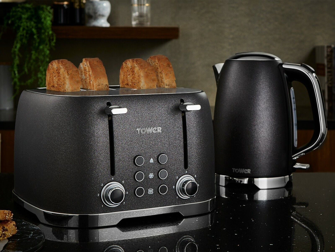 NEW Glitz Kettle, 4 Slice Toaster & 800w Digital Microwave Set Sparkling Black