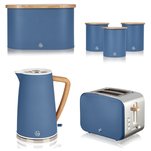 Swan Nordic Blue 1.7L Jug Kettle, 2 Slice Toaster, Bread Bin & Tea, Coffee, Sugar Canisters Matching Nordic Design Kitchen Set