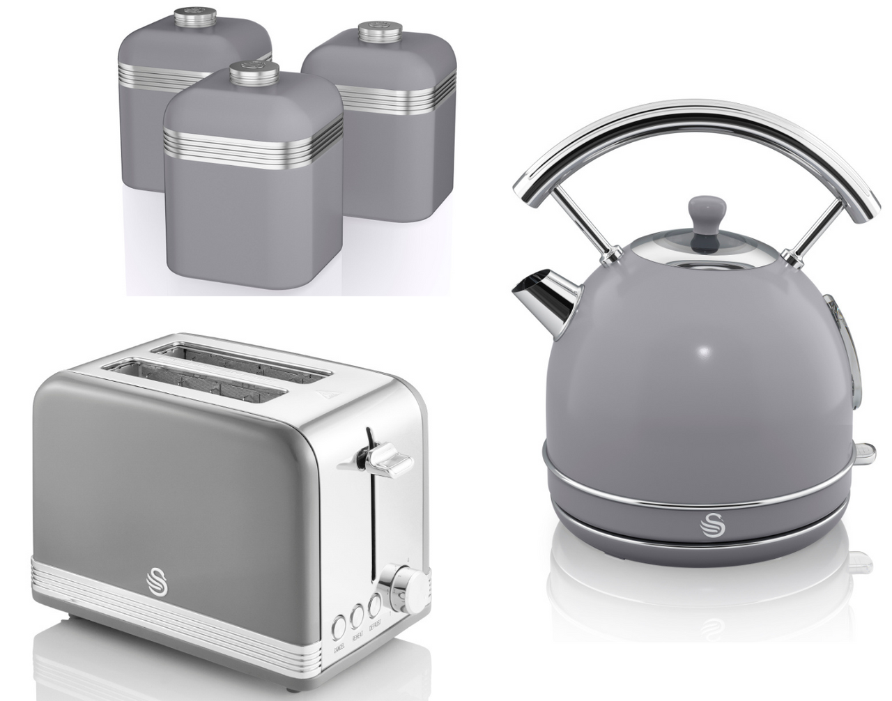 SWAN Retro Grey Dome Kettle, 2 Slice Toaster & Set of 3 Canisters Kitchen Set