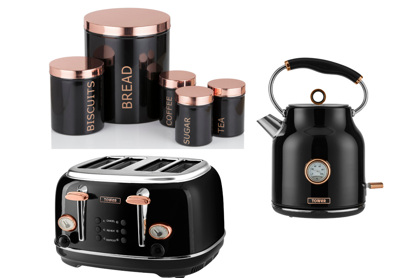 Tower Bottega Kettle 4 Slice Toaster & 5 Piece Storage Set in Black & Rose Gold