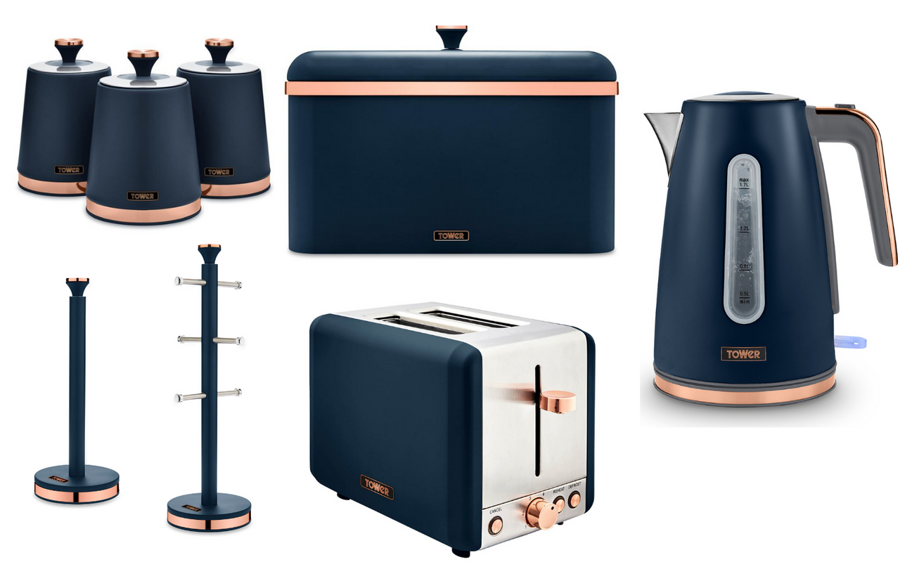 TOWER Cavaletto Jug Kettle Toaster & Kitchen Storage Set Midnight Blue/Rose Gold