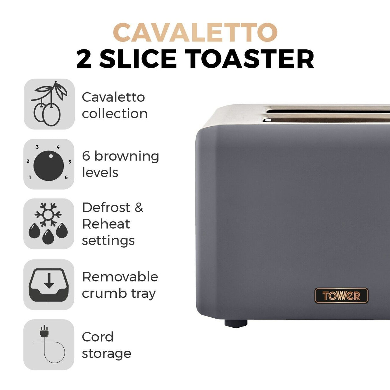 Tower Cavaletto T20036RGG 2 Slice Toaster in Grey & Rose Gold. 3 Year Guarantee