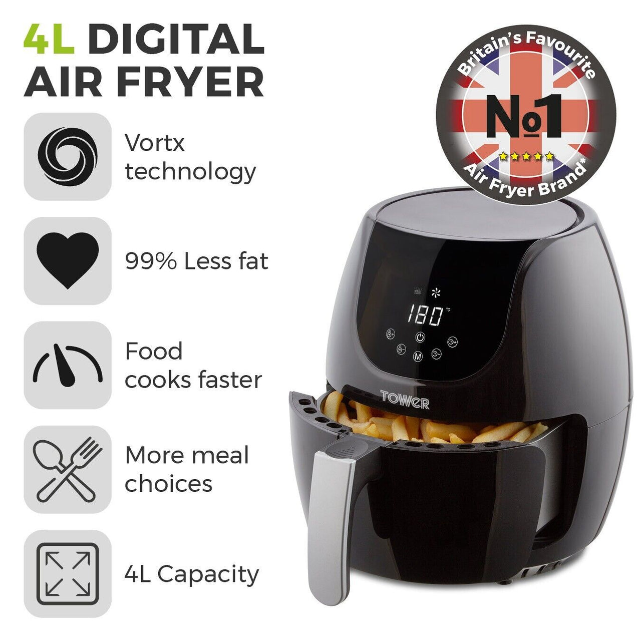 NEW Tower T17067 1400W Vortex 4L Digital Air Fryer in Black - 3 Year Guarantee