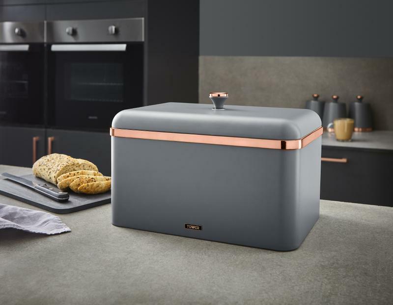 Tower Cavaletto Bread Bin, Mug Tree, Towel Pole Kitchen Set Grey & Rose Gold