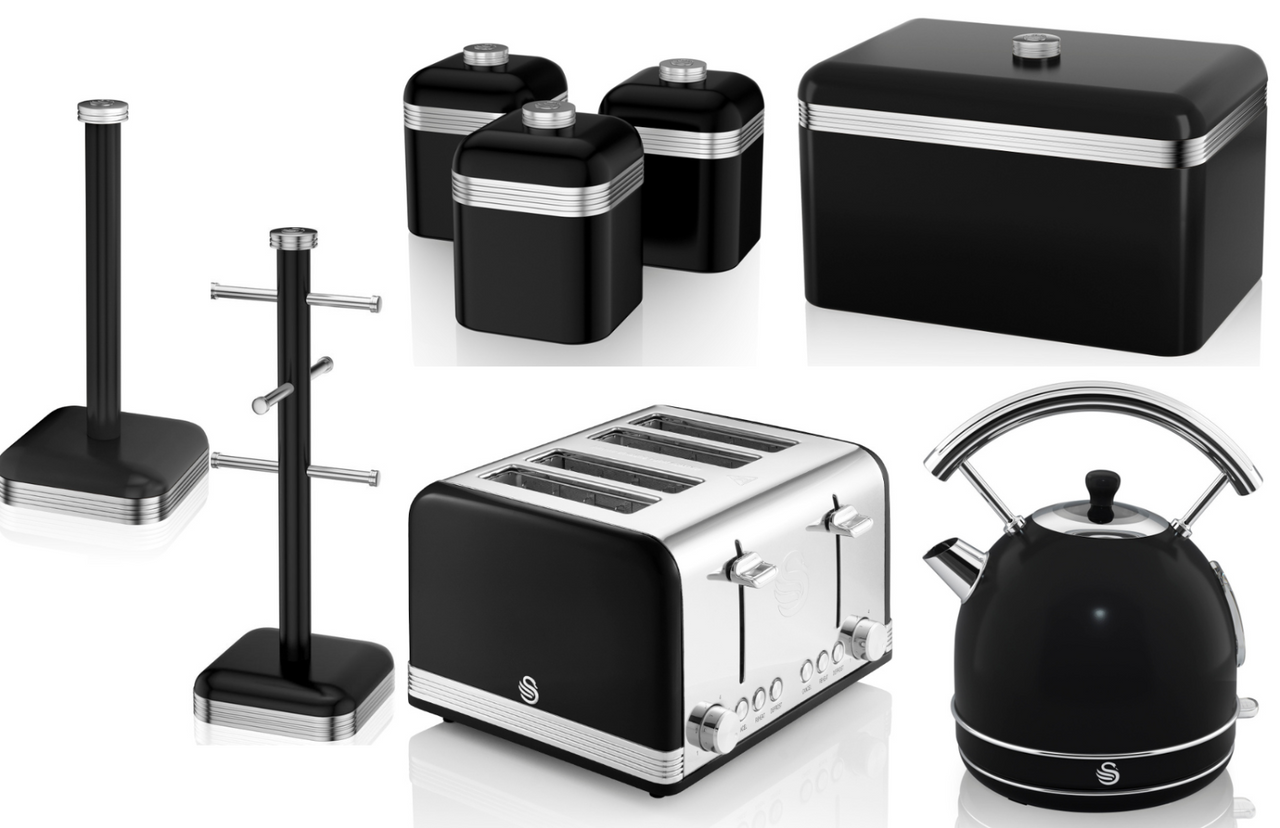 Swan Retro Black Dome Kettle Toaster Bread Bin Canisters Mug Tree & Towel Pole