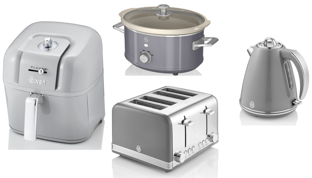 SWAN Retro Grey 1.5L 3KW Jug Kettle, 4 Slice Toaster, 6.5L Air Fryer & 3.5L Slow Cooker Matching Kitchen Set