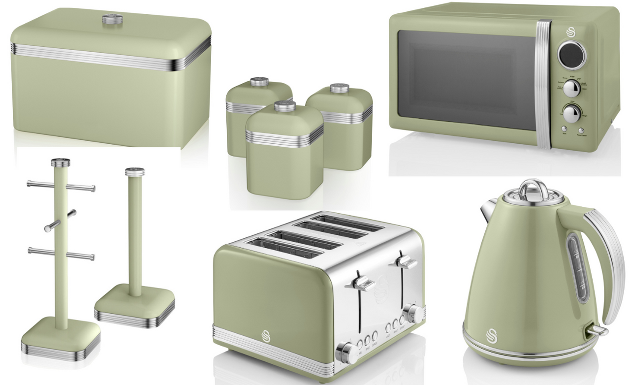 SWAN Retro Green Jug Kettle 4 Slice Toaster Microwave & Kitchen Storage Set of 9