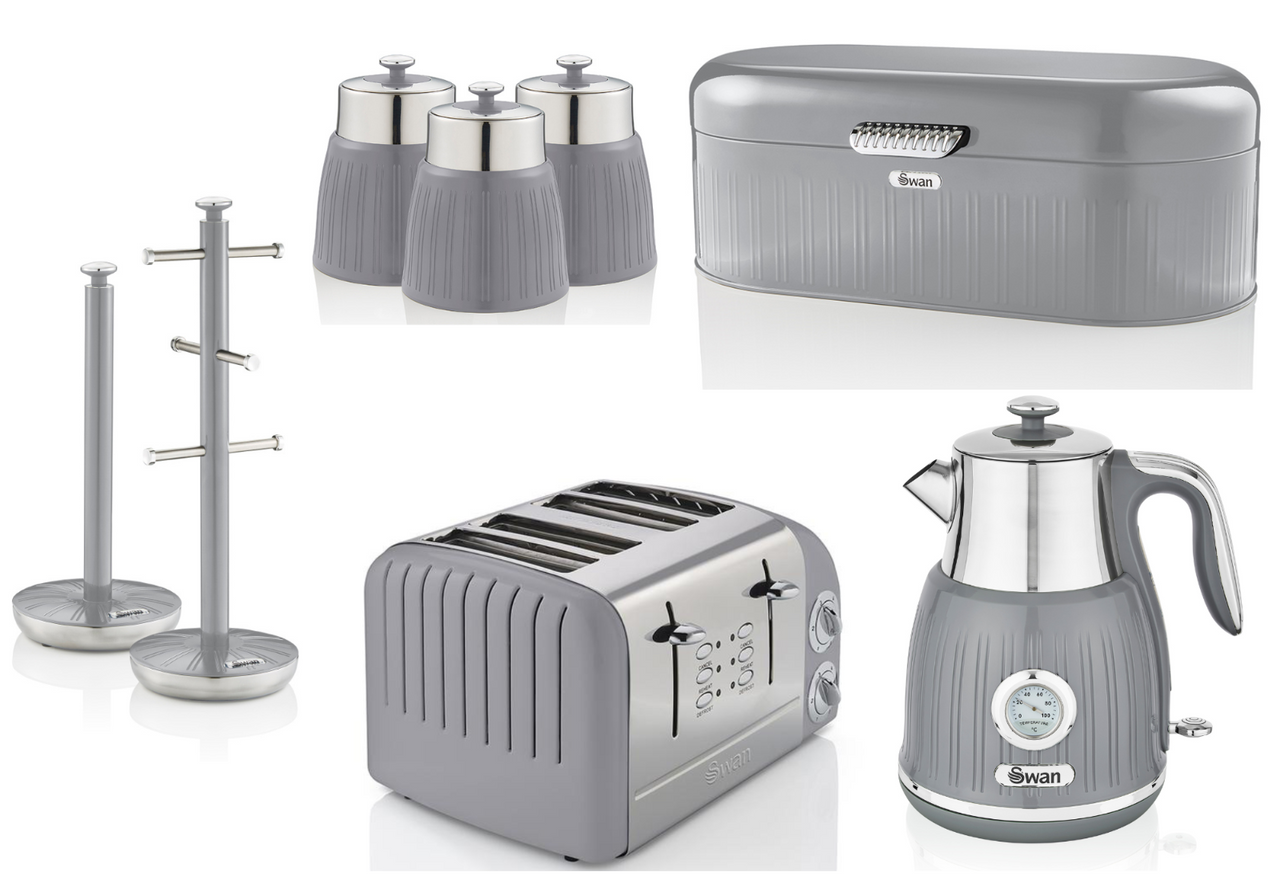 Swan Retro Grey Dial Kettle Toaster Breadbin Canisters Mug Tree Towel Pole Set