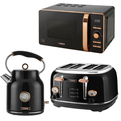 NEW Bottega Kettle 4 Slice Toaster & 800W Digital Microwave Black/Rose Gold