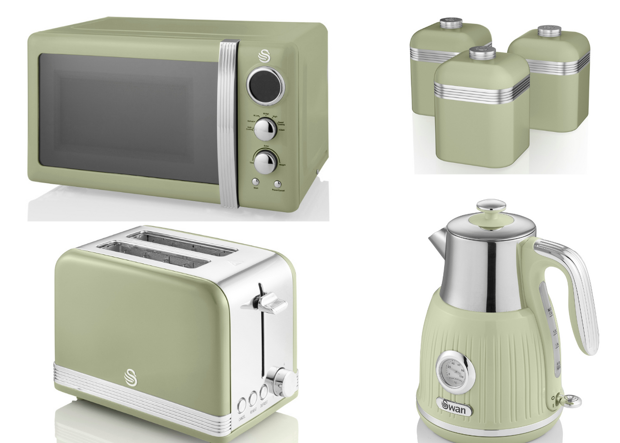 SWAN Retro Green Kitchen Set Dial Kettle, 2 Slice Toaster, Microwave & Canisters