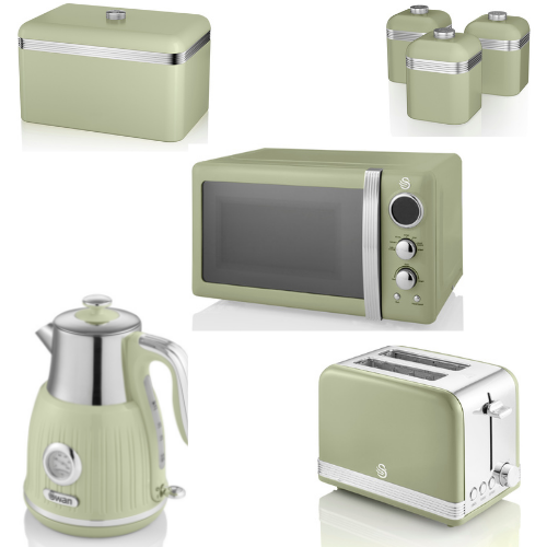 SWAN Retro Kitchen Set Green Dial Kettle Toaster Microwave Breadbin & Canisters