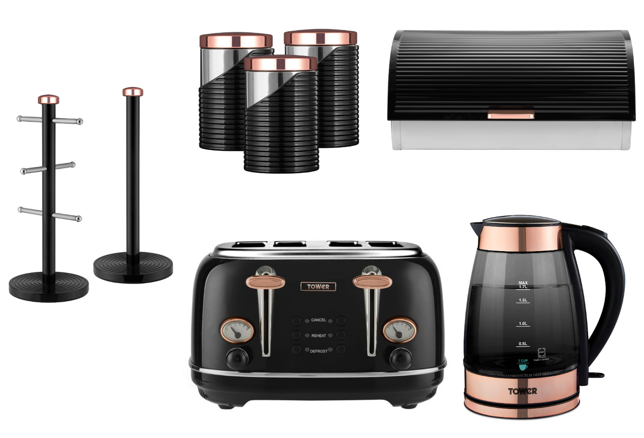 TOWER Black & Rose Gold Smoked Glass Kettle Toaster & Kitchen Storage Set