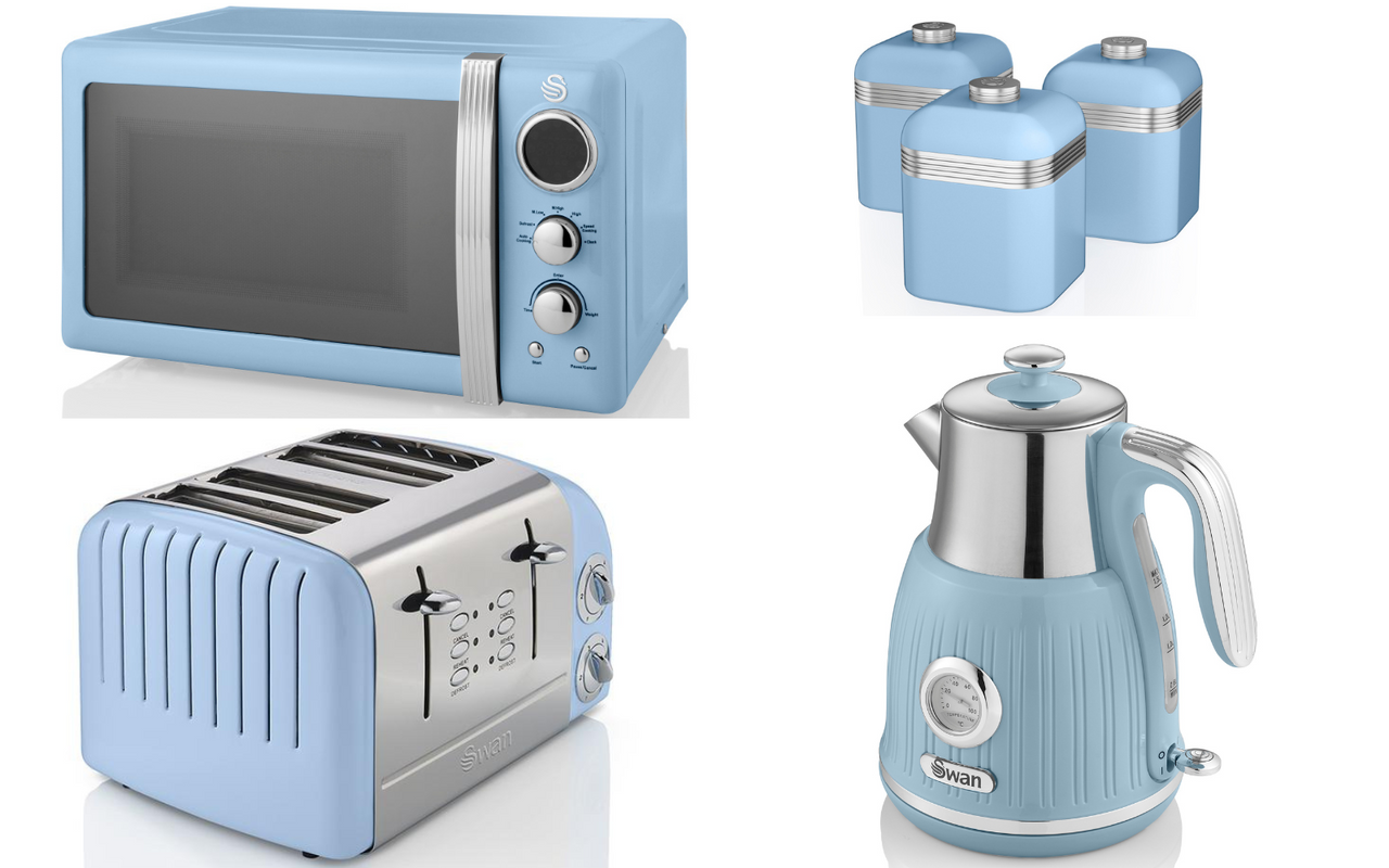 SWAN Retro Kitchen Set of 6 in Blue. Retro Kettle, Toaster, Microwave, Canisters