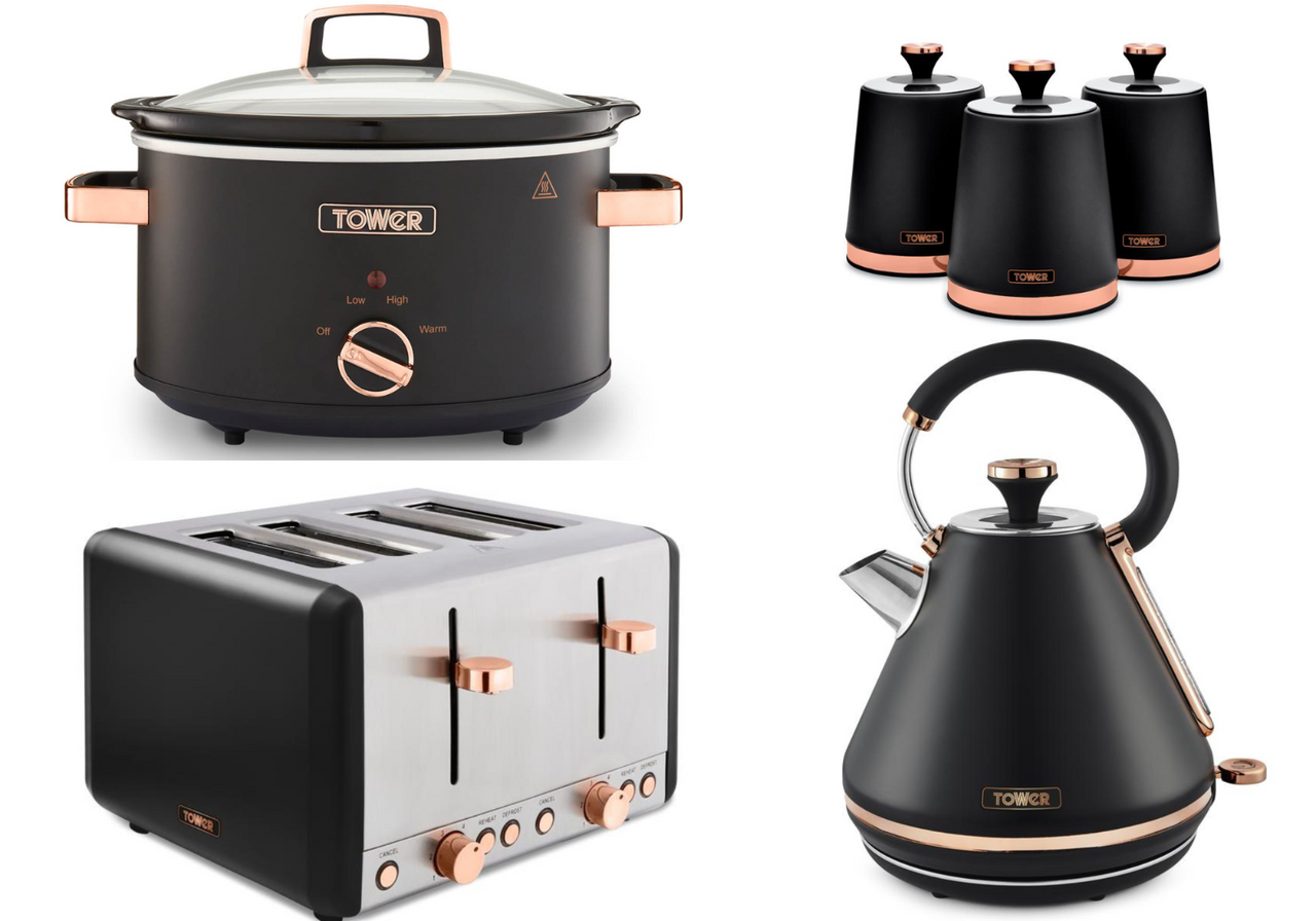 Tower Cavaletto Black Kettle 4 Slice Toaster 3.5L Slow Cooker & 3 Canisters Set