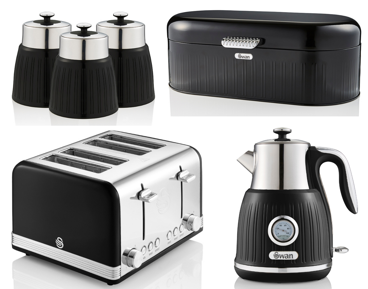 SWAN Retro Black Dial Kettle 4 Slice Toaster Breadbin & 3 Canisters Kitchen Set