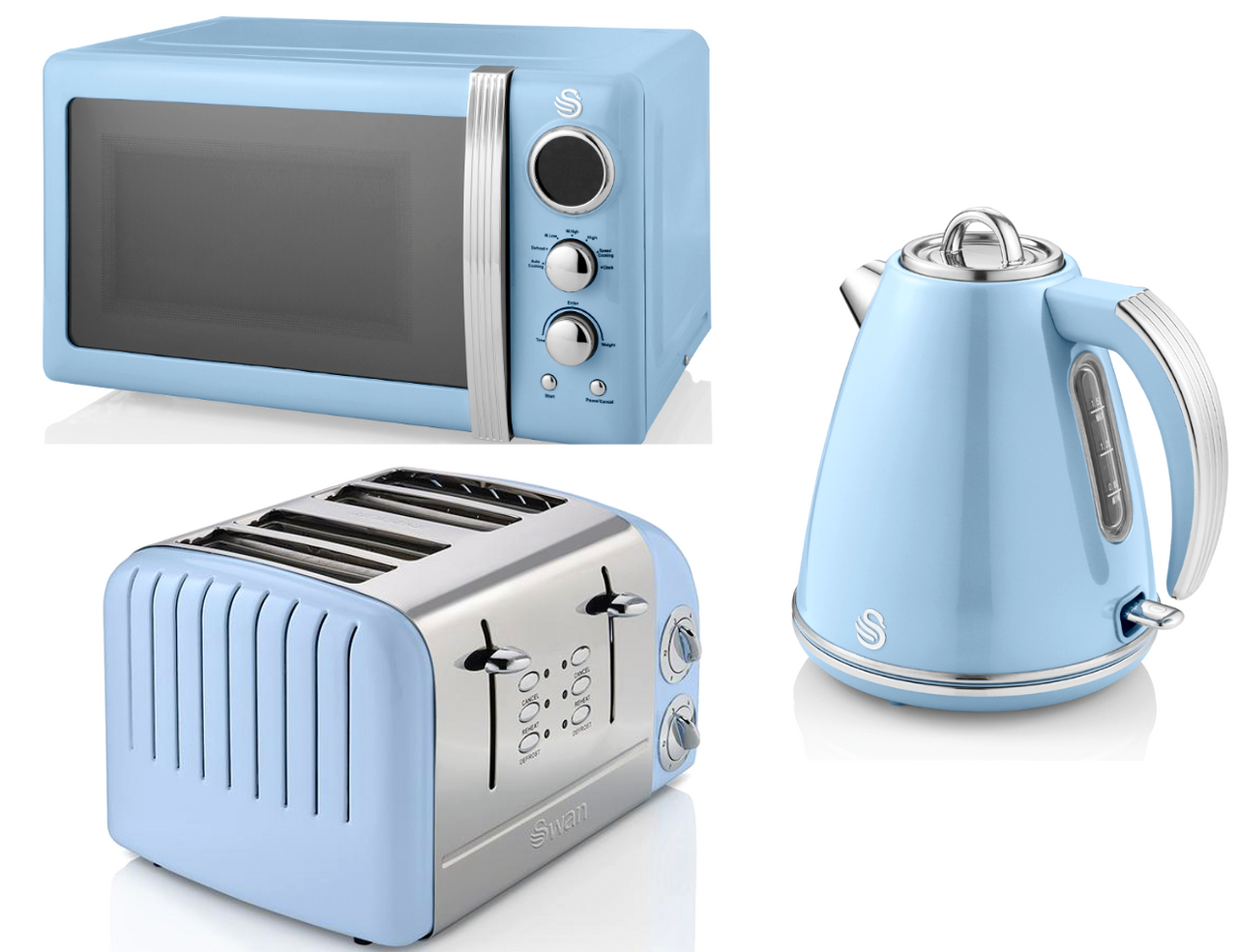 SWAN Retro Blue 1.5L 3KW Jug Kettle, 4 Slice Toaster ST34020BLN & 800W 20L Digital Microwave