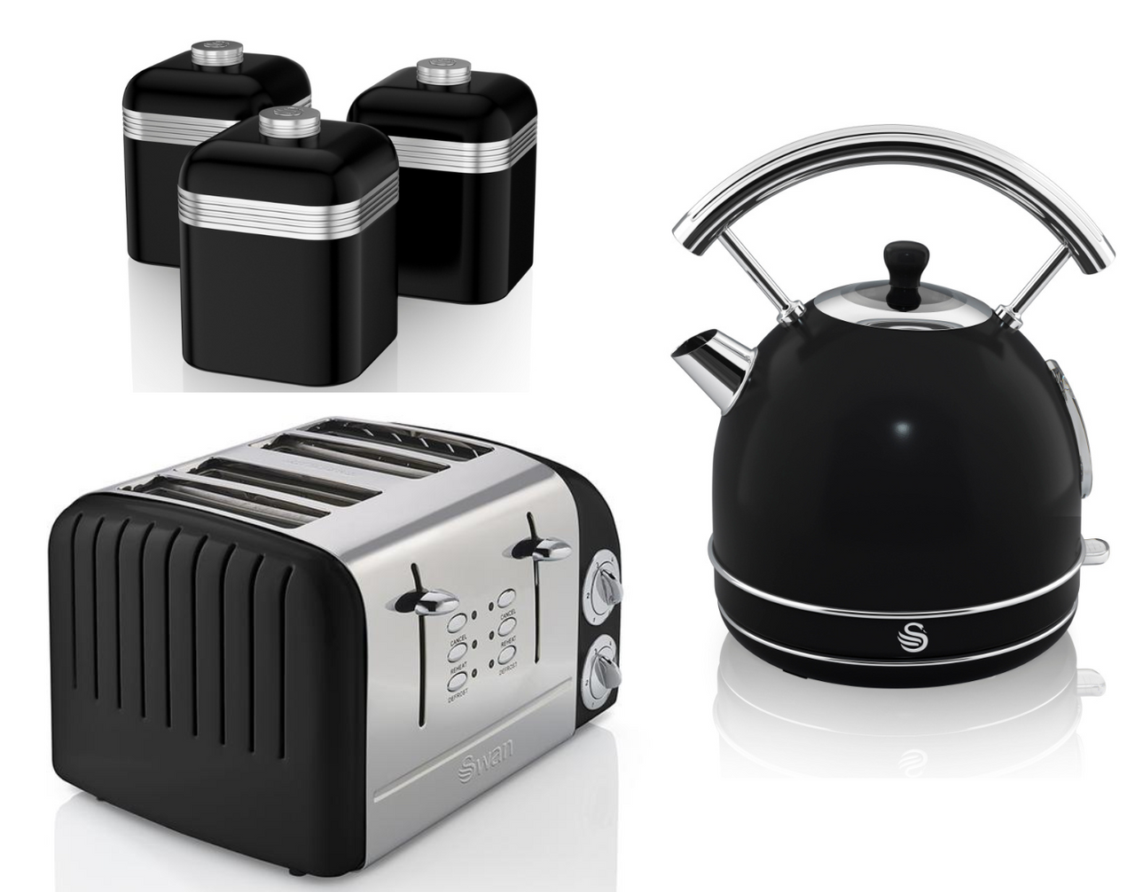 Swan Retro Black Set of 5 - Dome Kettle, 4 Slice Toaster & 3 Storage Canisters