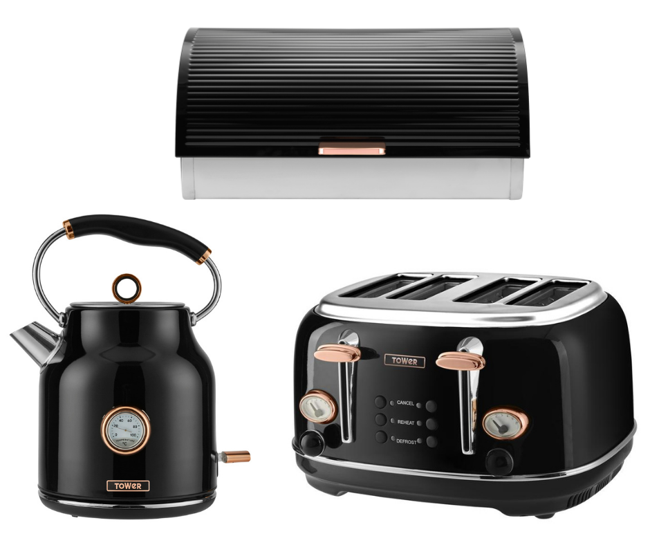 NEW Bottega Kettle, 4 Slice Toaster & Linear Breadbin in Rose Gold & Black