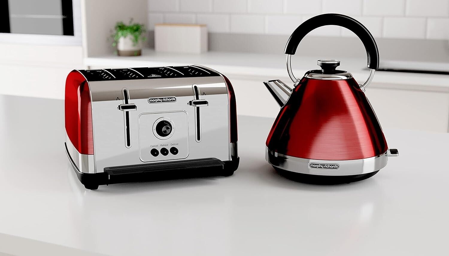 Morphy Richards Venture Red Pyramid Kettle 4 Slice Toaster Set