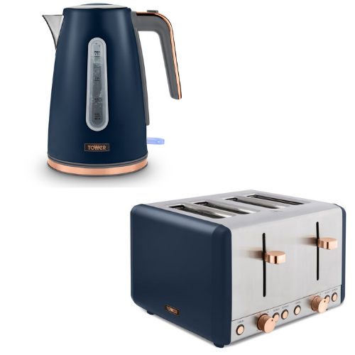 Tower Cavaletto 1.7L Jug Kettle & 4 Slice Toaster Set Midnight Blue & Rose Gold