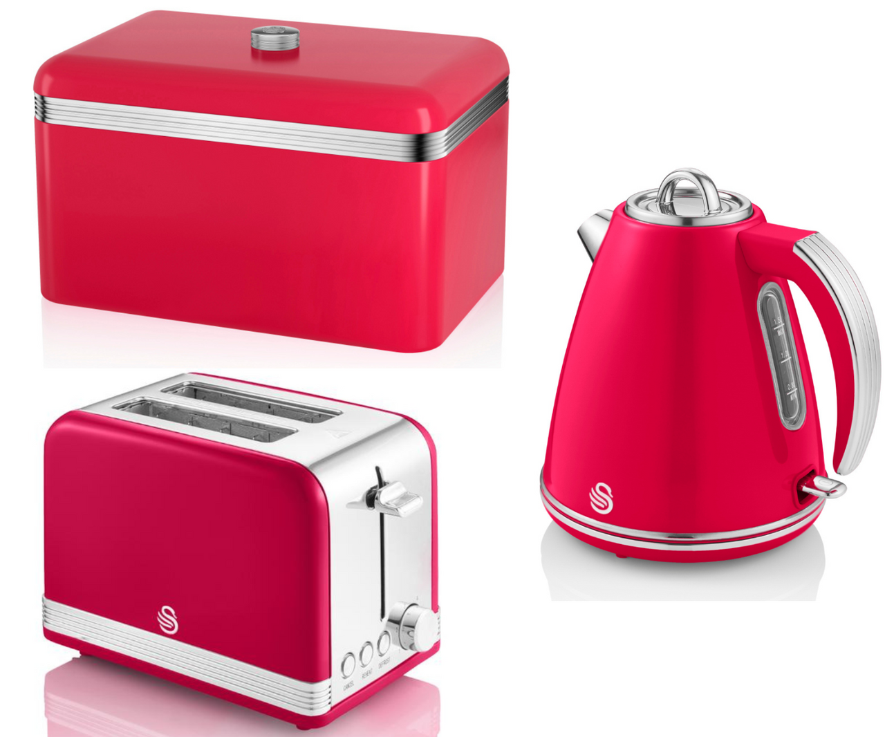 SWAN Retro 1.5L Jug Kettle 2 Slice Toaster & Breadbin Matching Kitchen Set Red