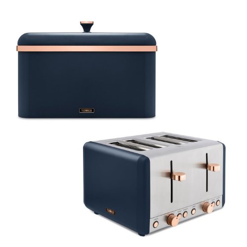 TOWER Cavaletto 4 Slice Toaster & Bread Bin Matching Set in Midnight Blue/Rose Gold