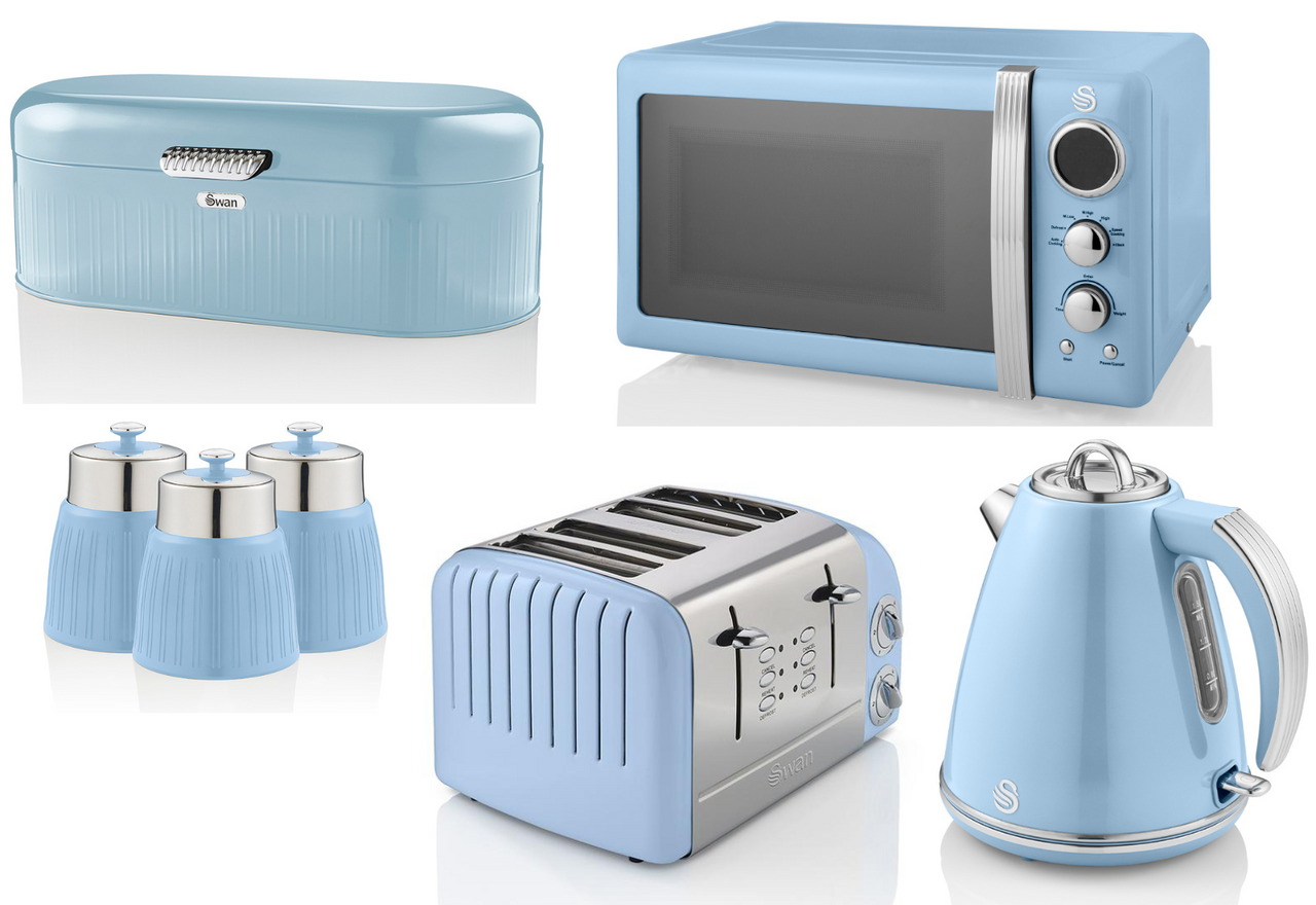 SWAN Retro Blue 1.5L Jug 3KW Kettle, 4 Slice Toaster ST34020BLN, 800W 20L Microwave, Breadbin & Canisters Set