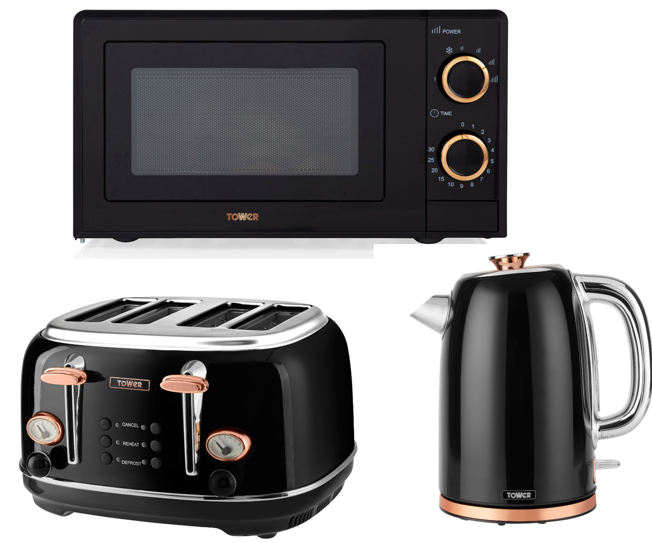 TOWER Bottega Jug Kettle 4 Slice Toaster & 700W 17L Microwave Black & Rose Gold