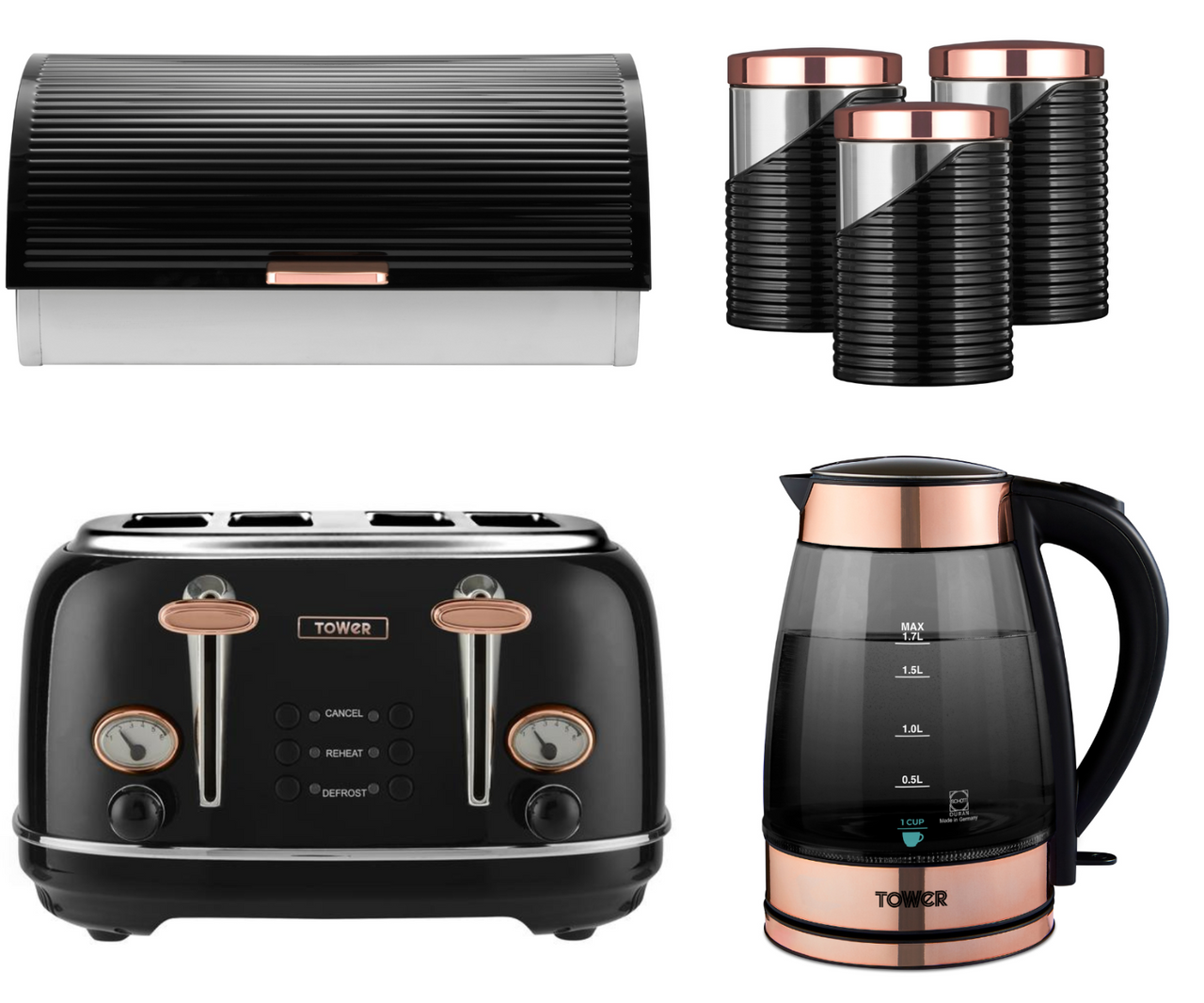 TOWER Smoked Glass Kettle 4 Slice Toaster Bread Bin Canisters Black & Rose Gold