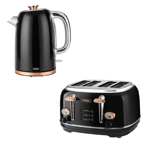 NEW Black & Rose Gold Kettle & 4 Slice Toaster Stainless Steel 3 Year Guarantee