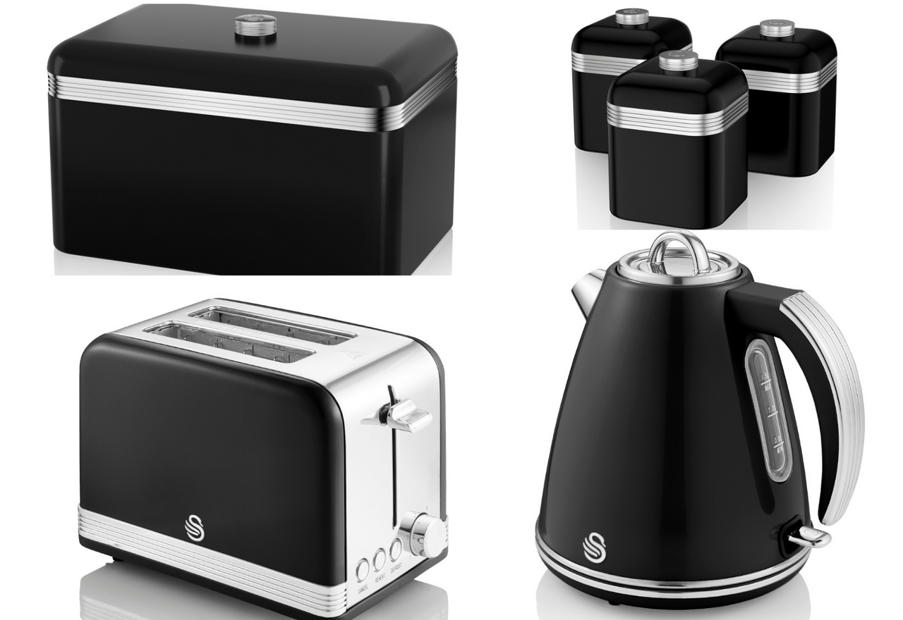 SWAN Retro Black 1.5L 3KW Jug Kettle, 2 Slice Toaster, Bread Bin & Tea, Coffee, Sugar Canisters Matching Set