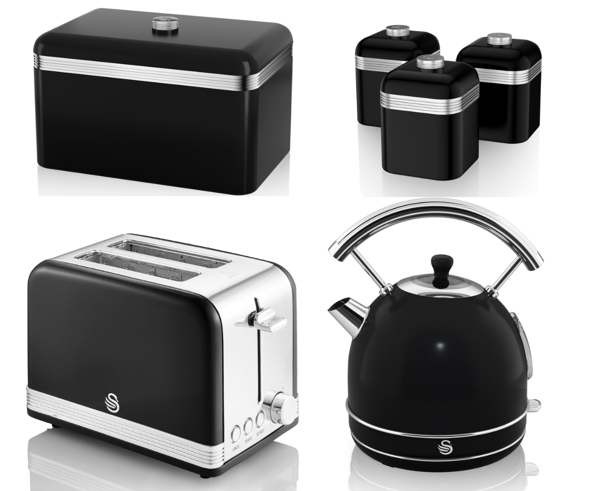 Swan Retro Black Dome Kettle 2 Slice Toaster Bread Bin & Canisters Kitchen Set