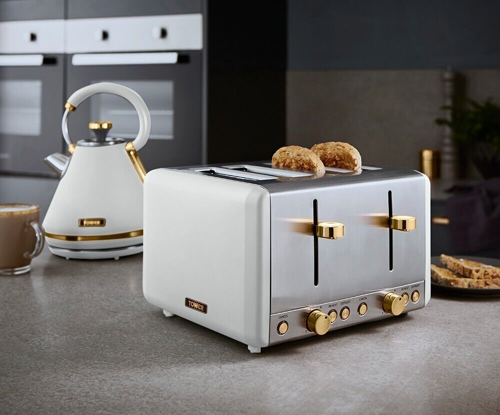 Tower Cavaletto Pyramid Kettle & 4 Slice Toaster White & Champagne Gold Accents