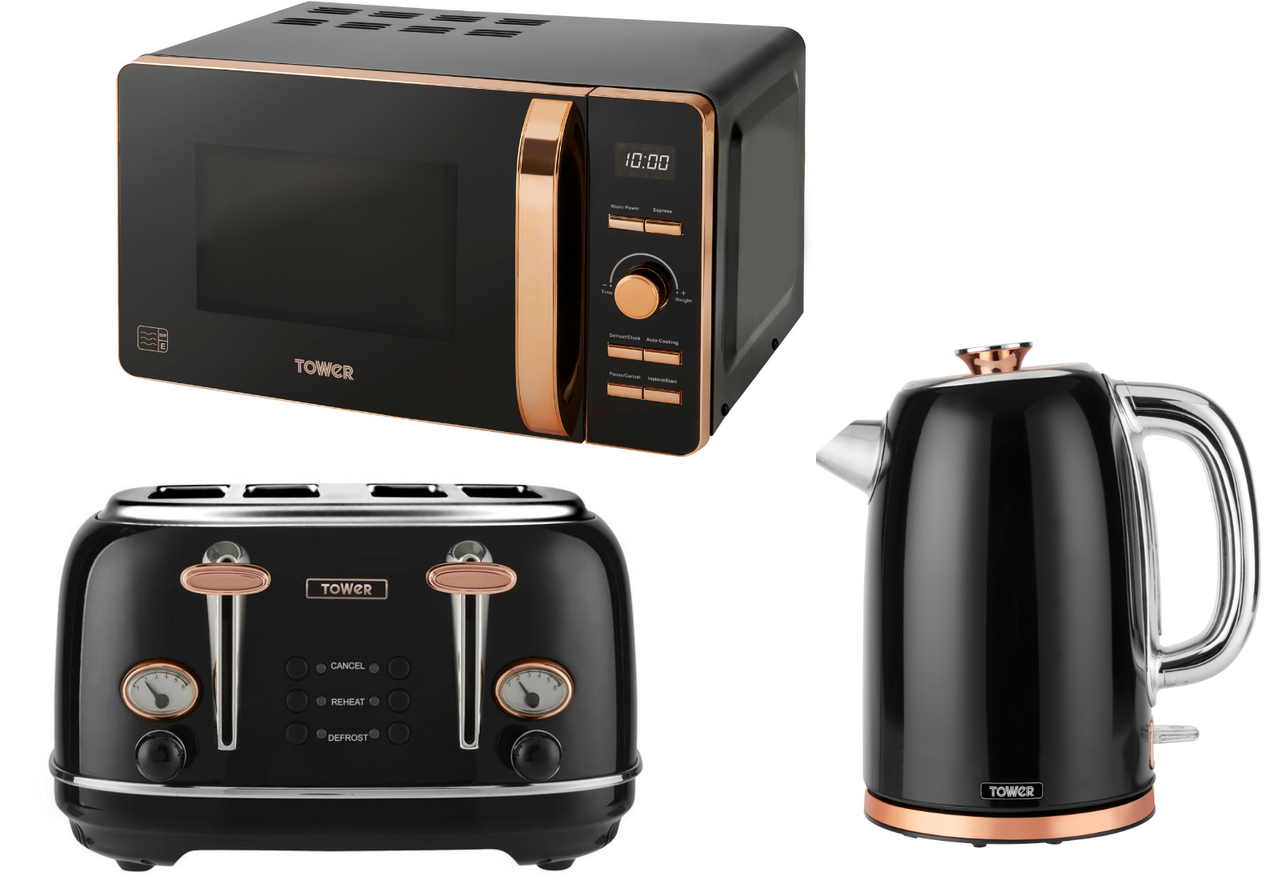 TOWER 3KW 1.7L Jug Kettle 4 Slice Toaster Digital Microwave in Black/Rose Gold