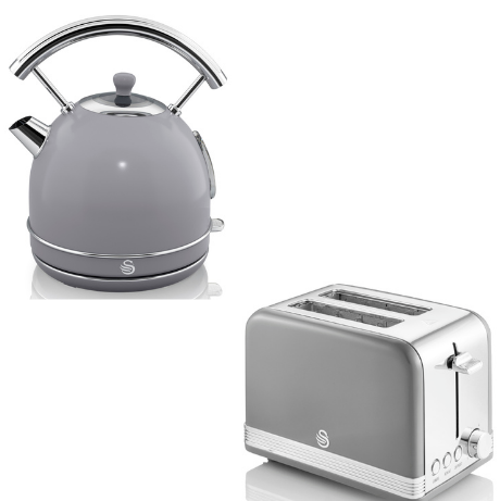 SWAN Retro Dome Kettle & 2 Slice Toaster Vintage Matching Kitchen Set Grey