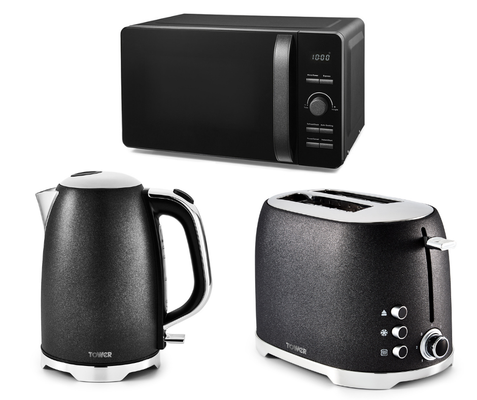 NEW Glitz Kettle 2 Slice Toaster & 800w Digital Microwave Set Shimmering Black