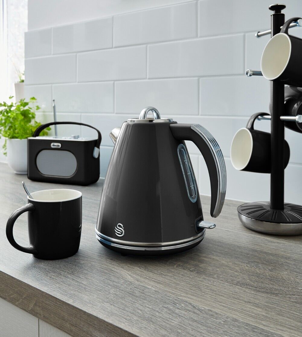 SWAN Retro Black Jug Kettle, 4 Slice Toaster ST34020BN & Digital Microwave Set